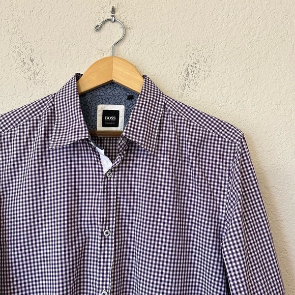 BOSS HUGO BOSS Check / Plaid Print Dress Shirt Purple Regular Fit - Picture 2 of 8